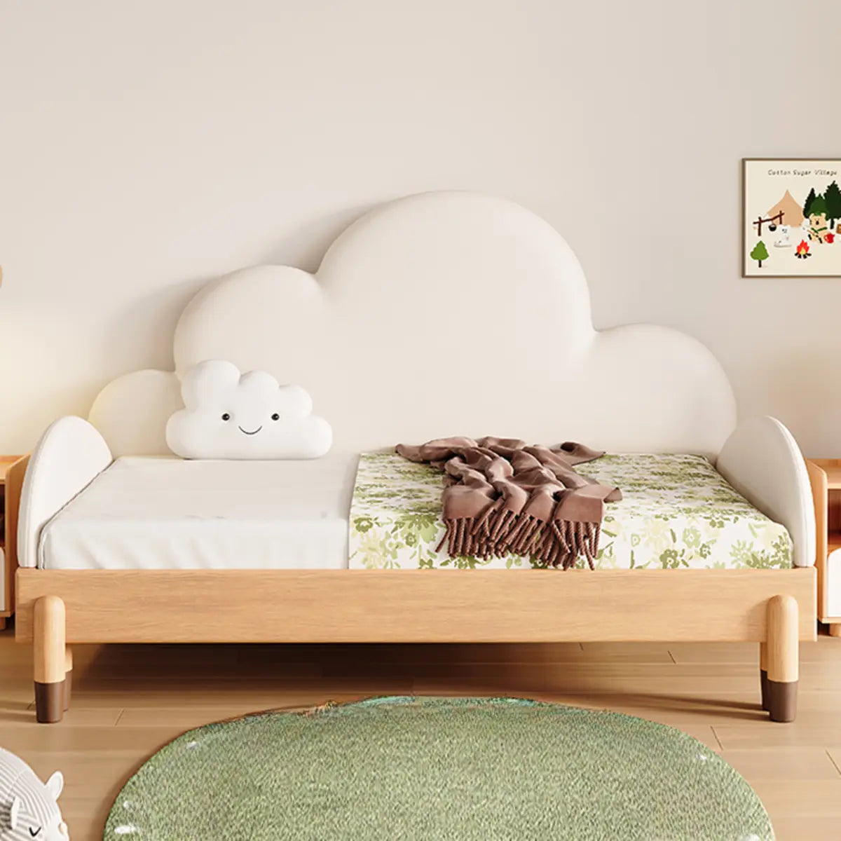 Cloud-Shaped Upholstered Headboard Wooden Kids Bed Image - 3