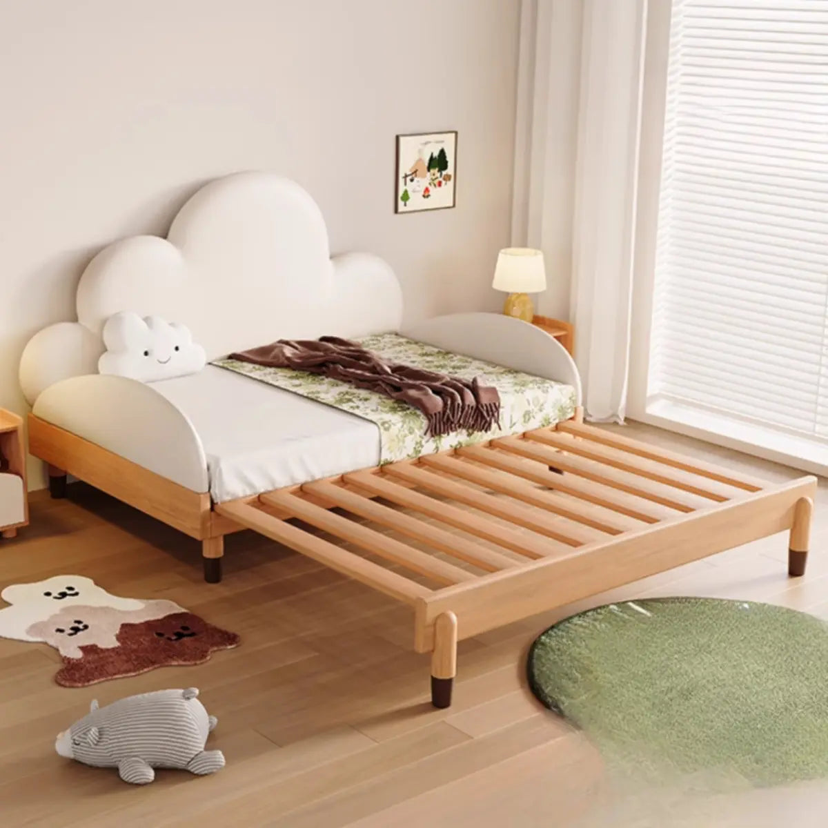 Cloud-Shaped Upholstered Headboard Wooden Kids Bed Image - 8