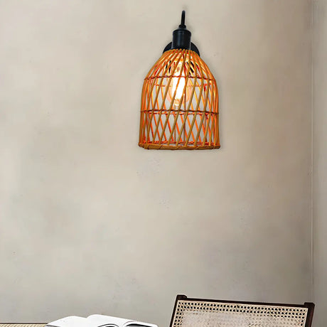 Coastal Birdcage Rattan Living Room Brown Small Wall Sconce Image - 2