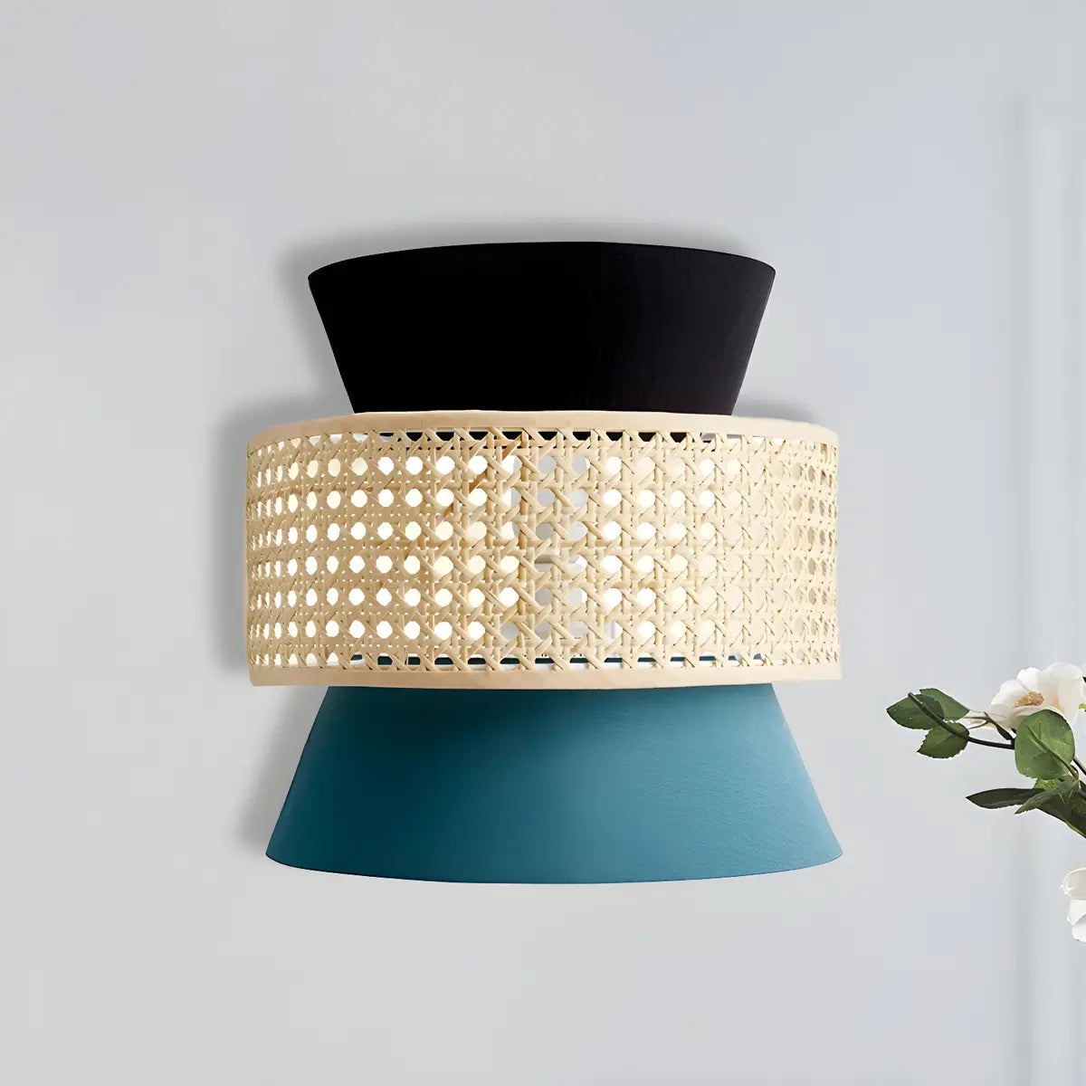 Coastal Cone Fabric Rattan Indoor Blue Mini Wall Sconce Image - 3