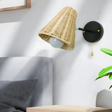 Coastal Cone Rattan Bedroom Brown Mini Wall Sconce Image - 1