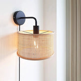 Coastal Cylinder Rattan Bedroom Downlight Black Wall Sconce Image - 1