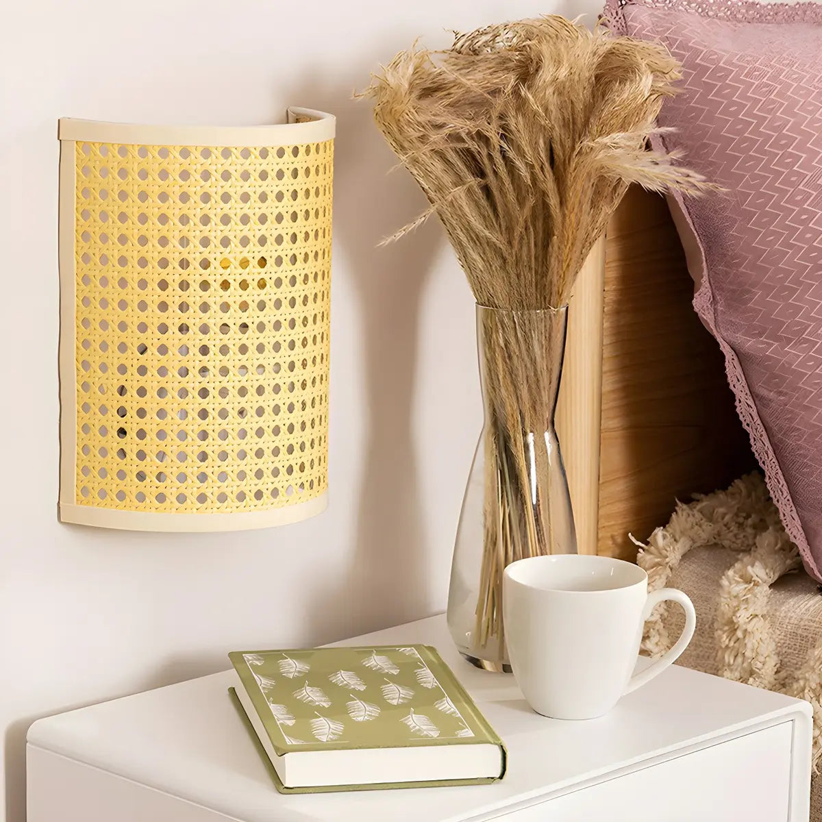 Coastal Cylinder Rattan Bedroom Mini Yellow Wall Sconce Image - 1