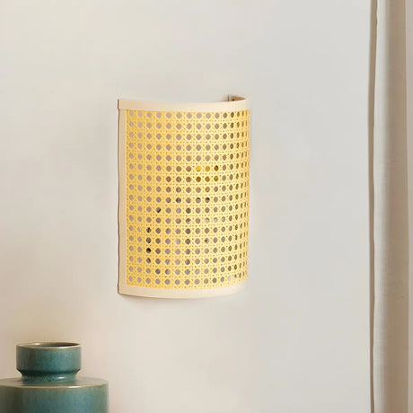 Coastal Cylinder Rattan Bedroom Mini Yellow Wall Sconce Image - 2