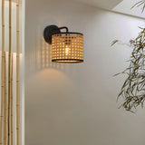 Coastal Cylinder Rattan Living Room Black Wall Sconce Image - 1