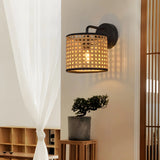 Coastal Cylinder Rattan Living Room Black Wall Sconce Image - 4