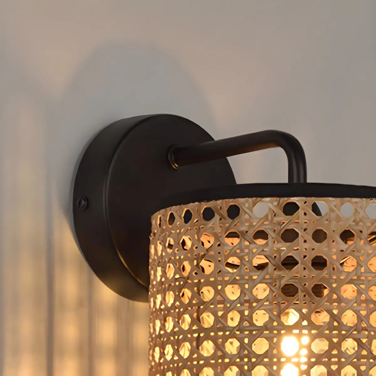 Coastal Cylinder Rattan Living Room Black Wall Sconce Image - 7