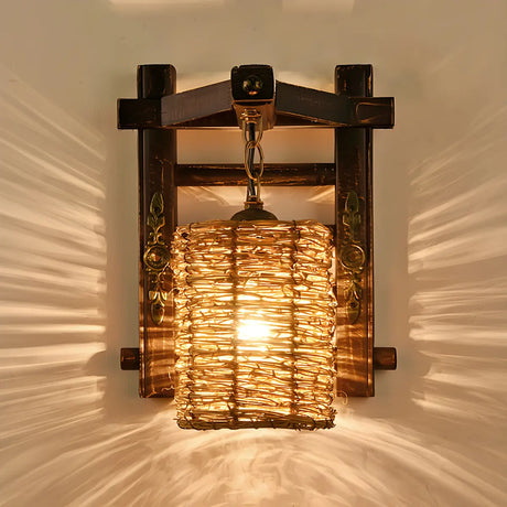 Coastal Cylinder Rattan Wood Restaurant Brown Wall Sconce Image - 1