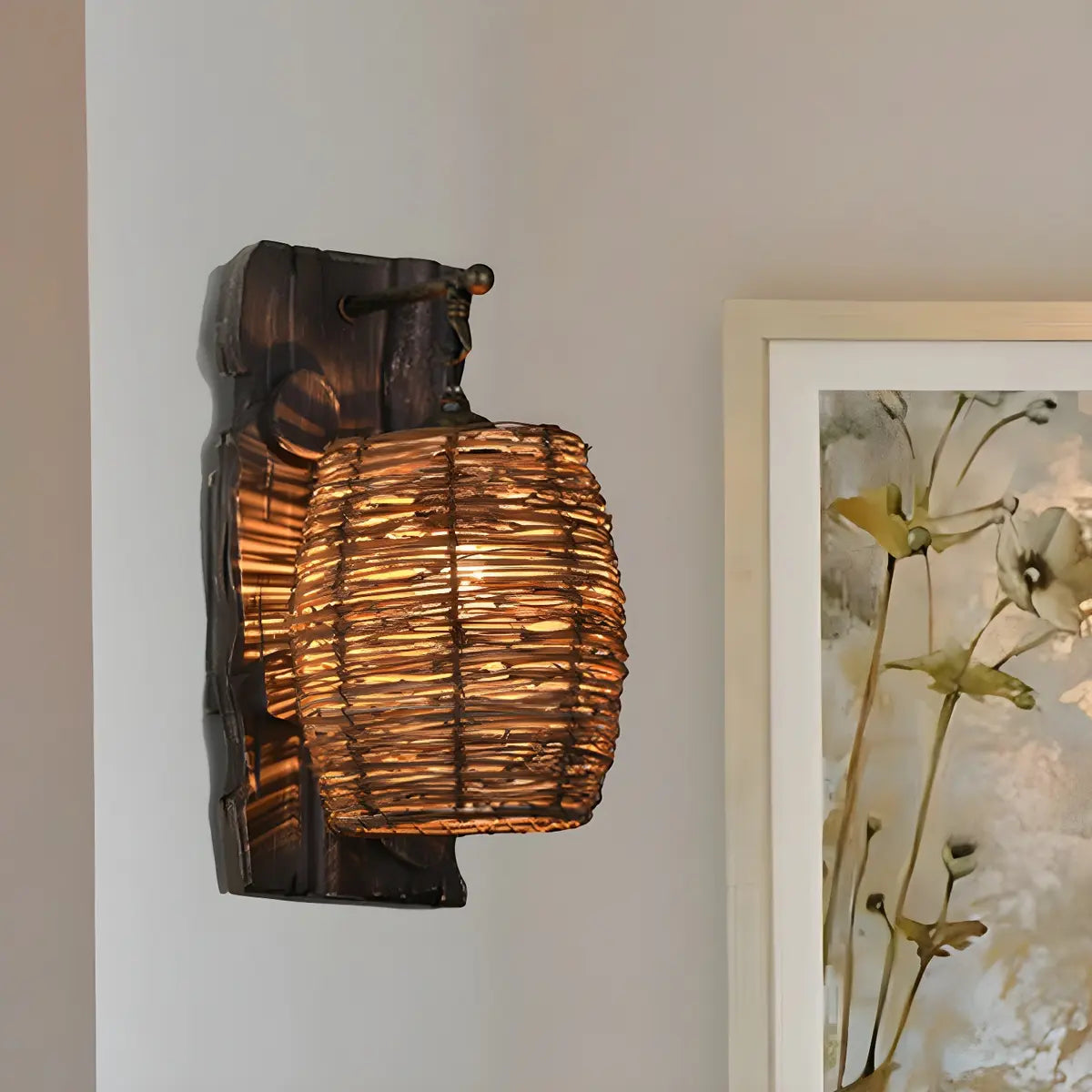 Coastal Cylinder Rattan Wood Restaurant Brown Wall Sconce Image - 10