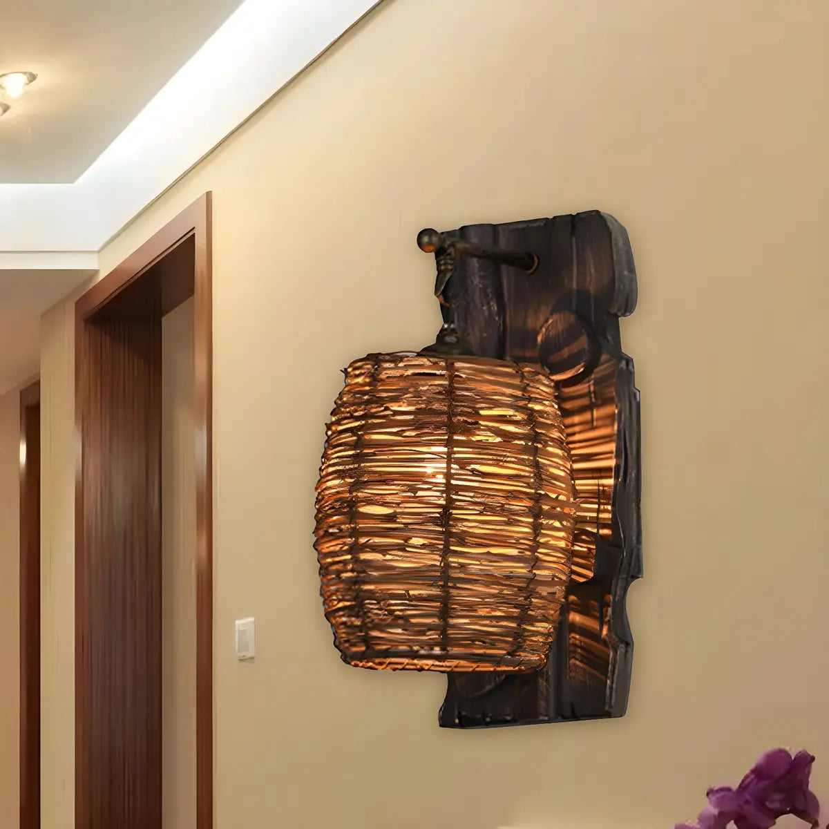 Coastal Cylinder Rattan Wood Restaurant Brown Wall Sconce Image - 11