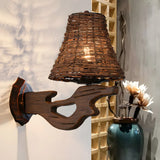 Coastal Cylinder Rattan Wood Restaurant Brown Wall Sconce Image - 13