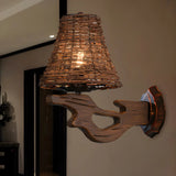 Coastal Cylinder Rattan Wood Restaurant Brown Wall Sconce Image - 14