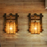 Coastal Cylinder Rattan Wood Restaurant Brown Wall Sconce Image - 2