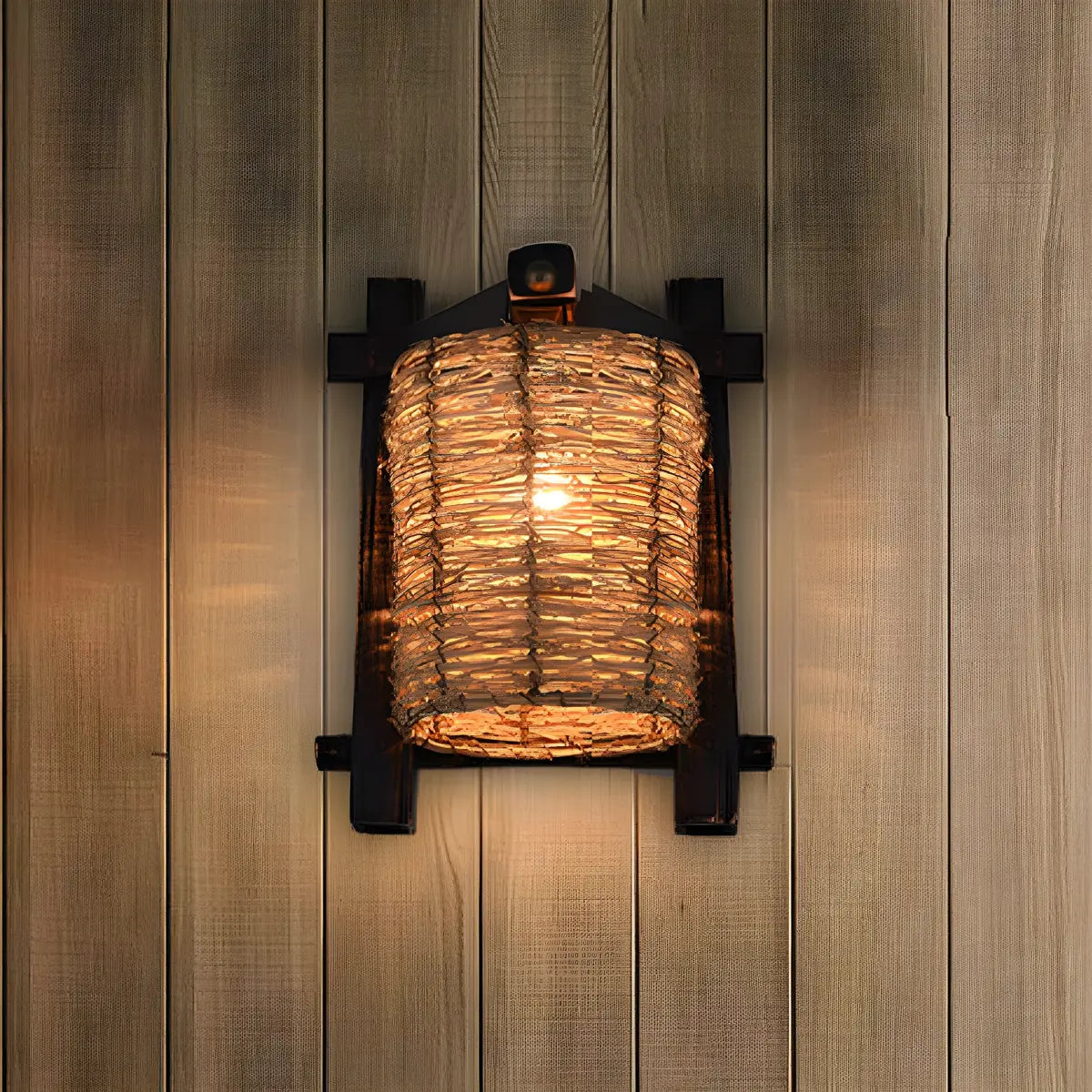 Coastal Cylinder Rattan Wood Restaurant Brown Wall Sconce Image - 3