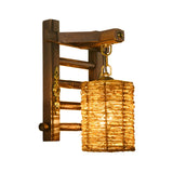 Coastal Cylinder Rattan Wood Restaurant Brown Wall Sconce Image - 4