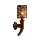 Coastal Cylinder Rattan Wood Restaurant Brown Wall Sconce Image - 8