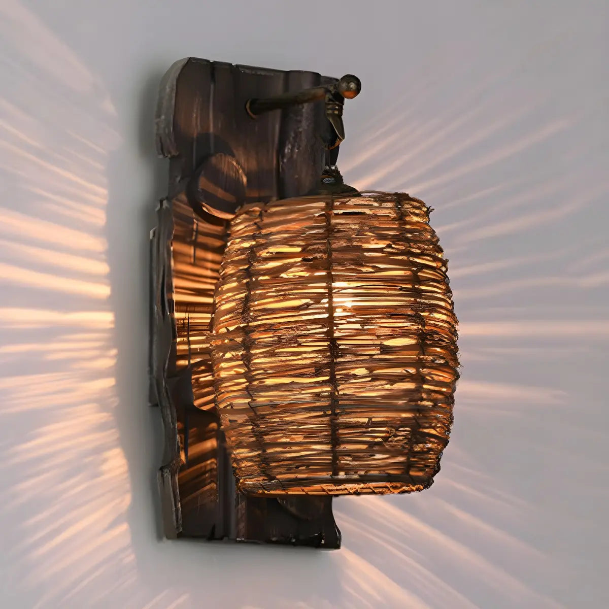 Coastal Cylinder Rattan Wood Restaurant Brown Wall Sconce Image - 9