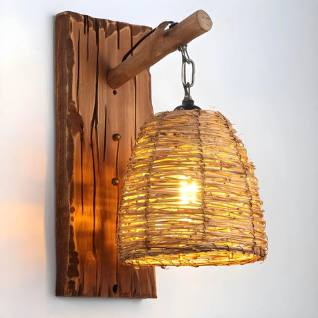 Coastal Cylinder Wood Rattan Dining Room Yellow Wall Sconce Image - 1