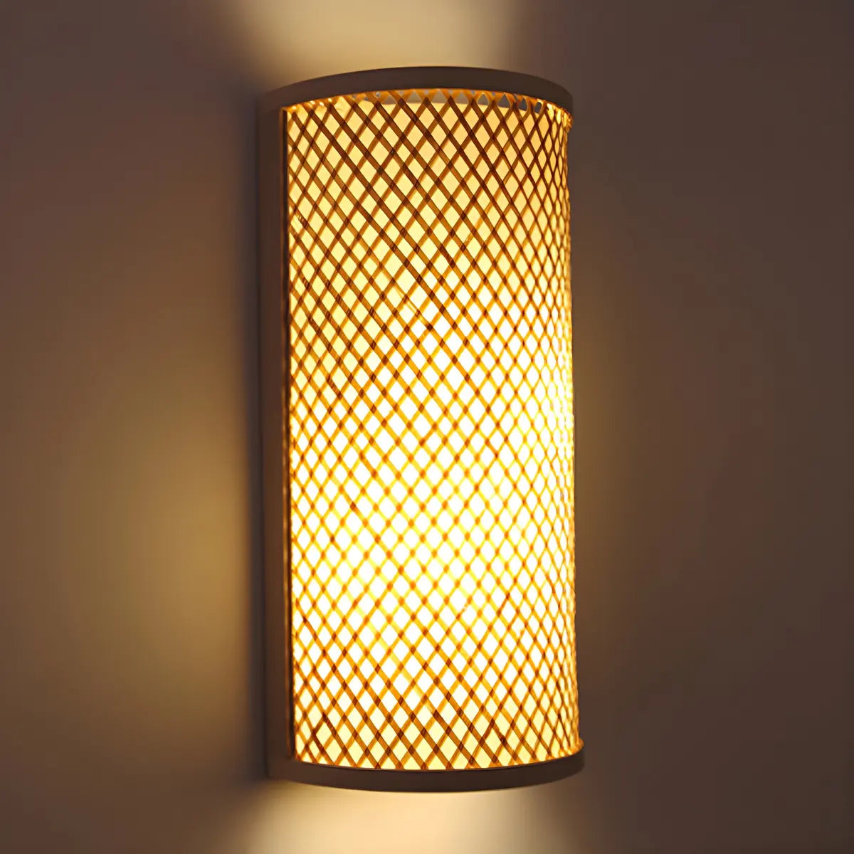 Coastal Cylinder Wood Rattan Entryway Beige Wall Sconce Image - 3