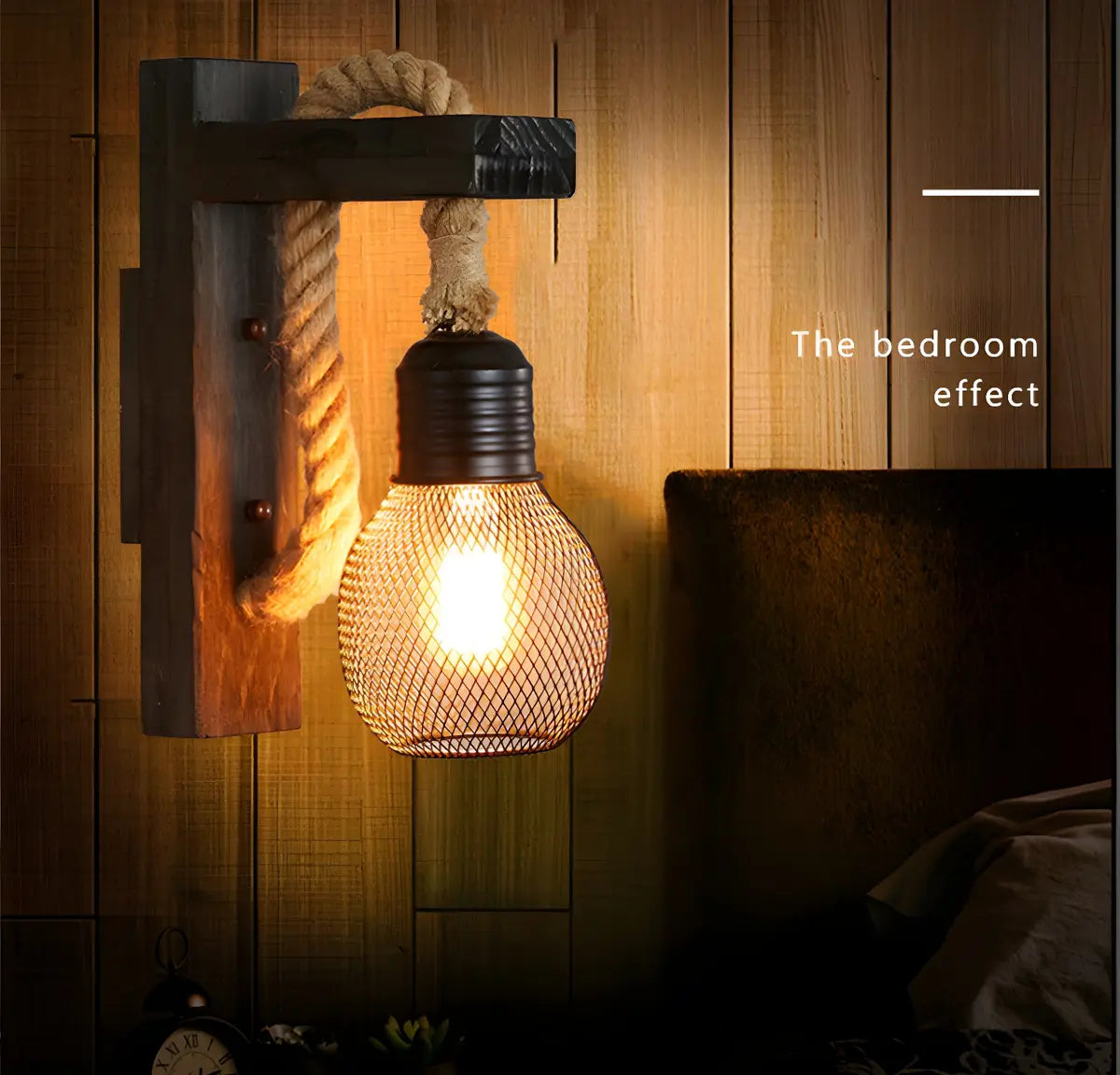 Coastal Globe Rope Mesh Wood Bedroom Black Wall Sconce Image - 16