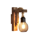 Coastal Globe Rope Mesh Wood Bedroom Black Wall Sconce Image - 2