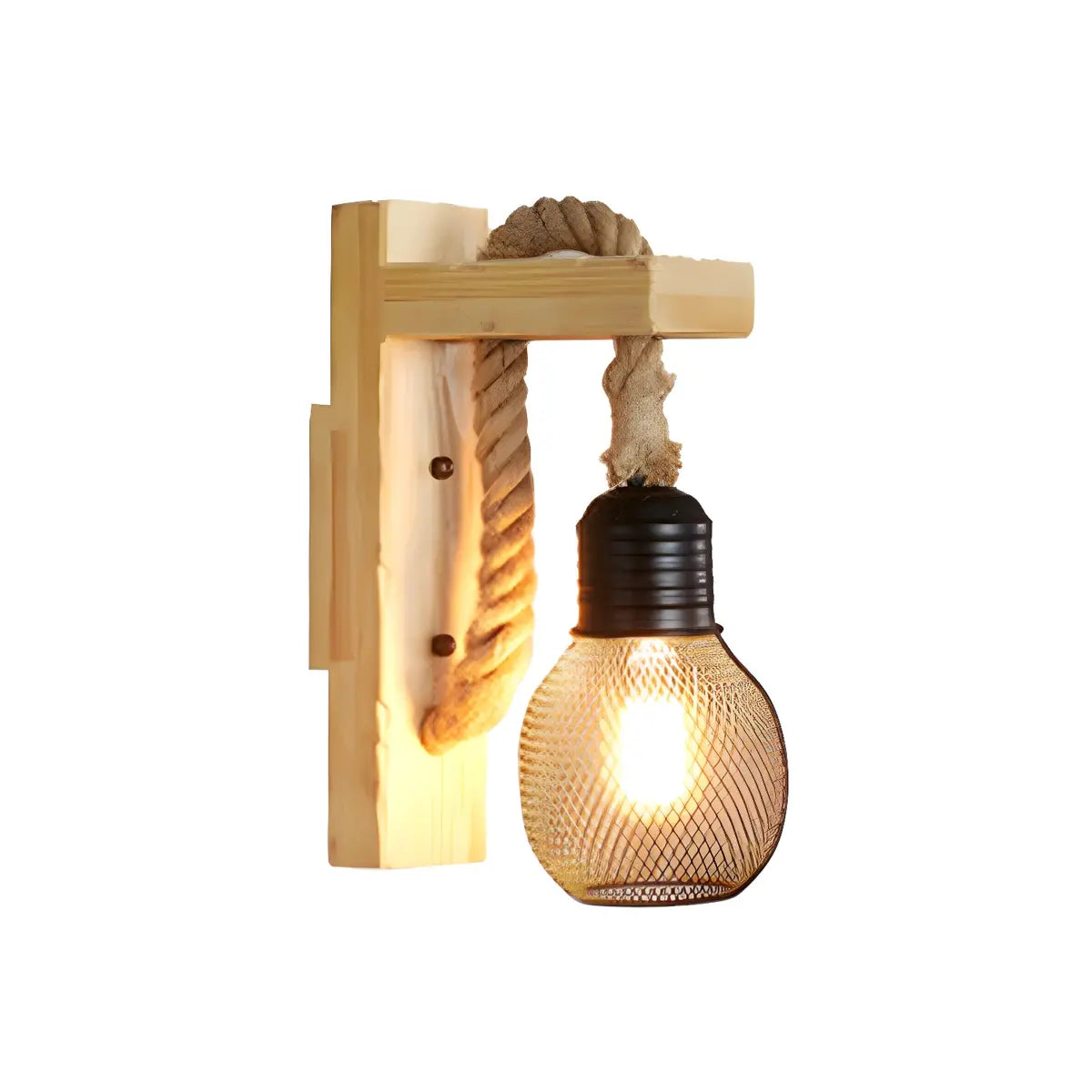 Coastal Globe Rope Mesh Wood Bedroom Black Wall Sconce Image - 3