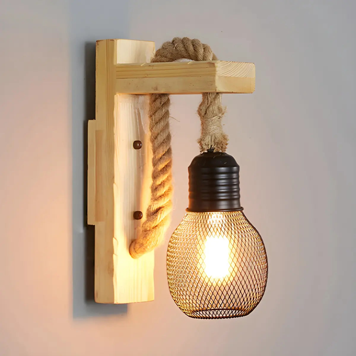 Coastal Globe Rope Mesh Wood Bedroom Black Wall Sconce Image - 9