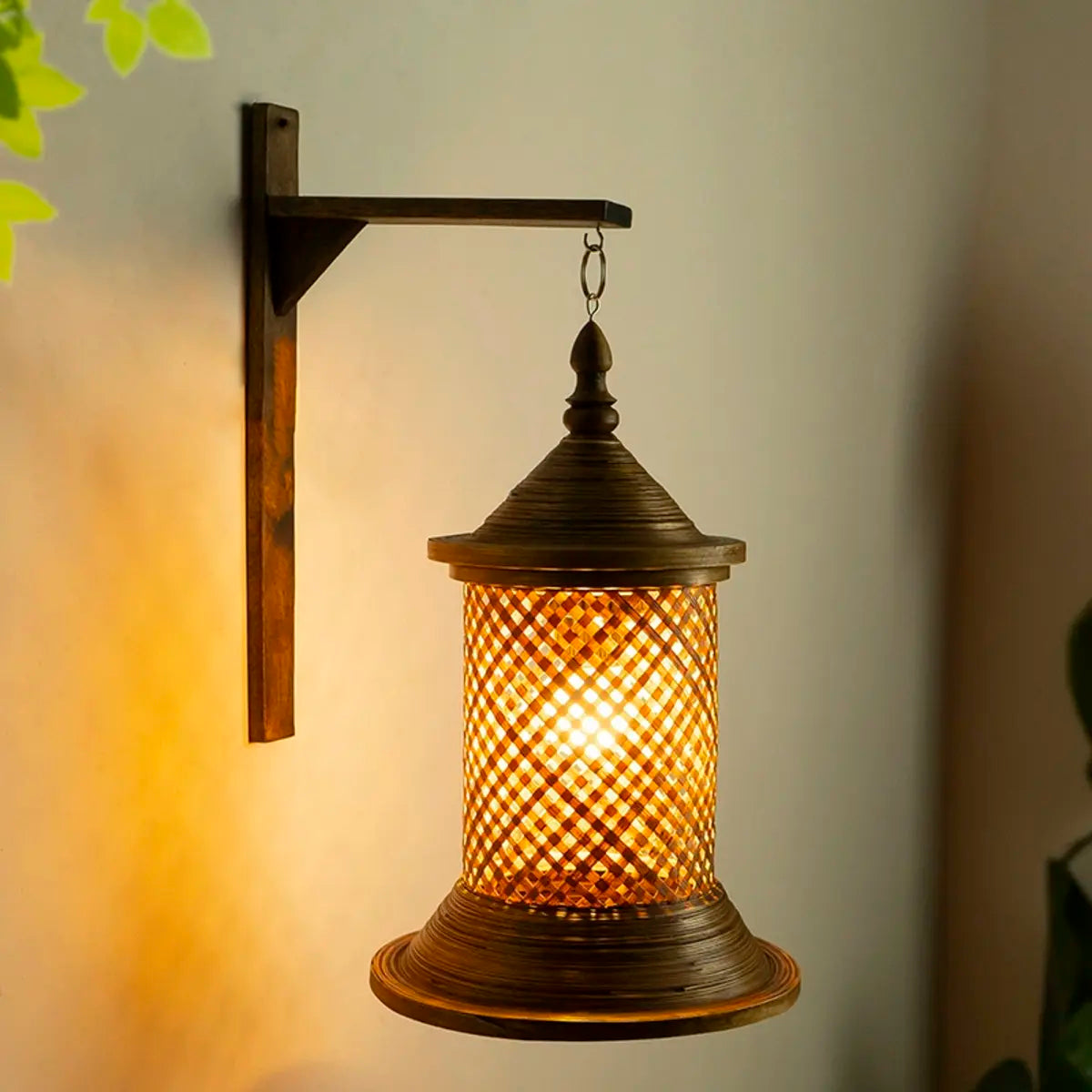 Coastal Lantern Rattan Wood Walnut Hallway Wall Sconce Image - 1