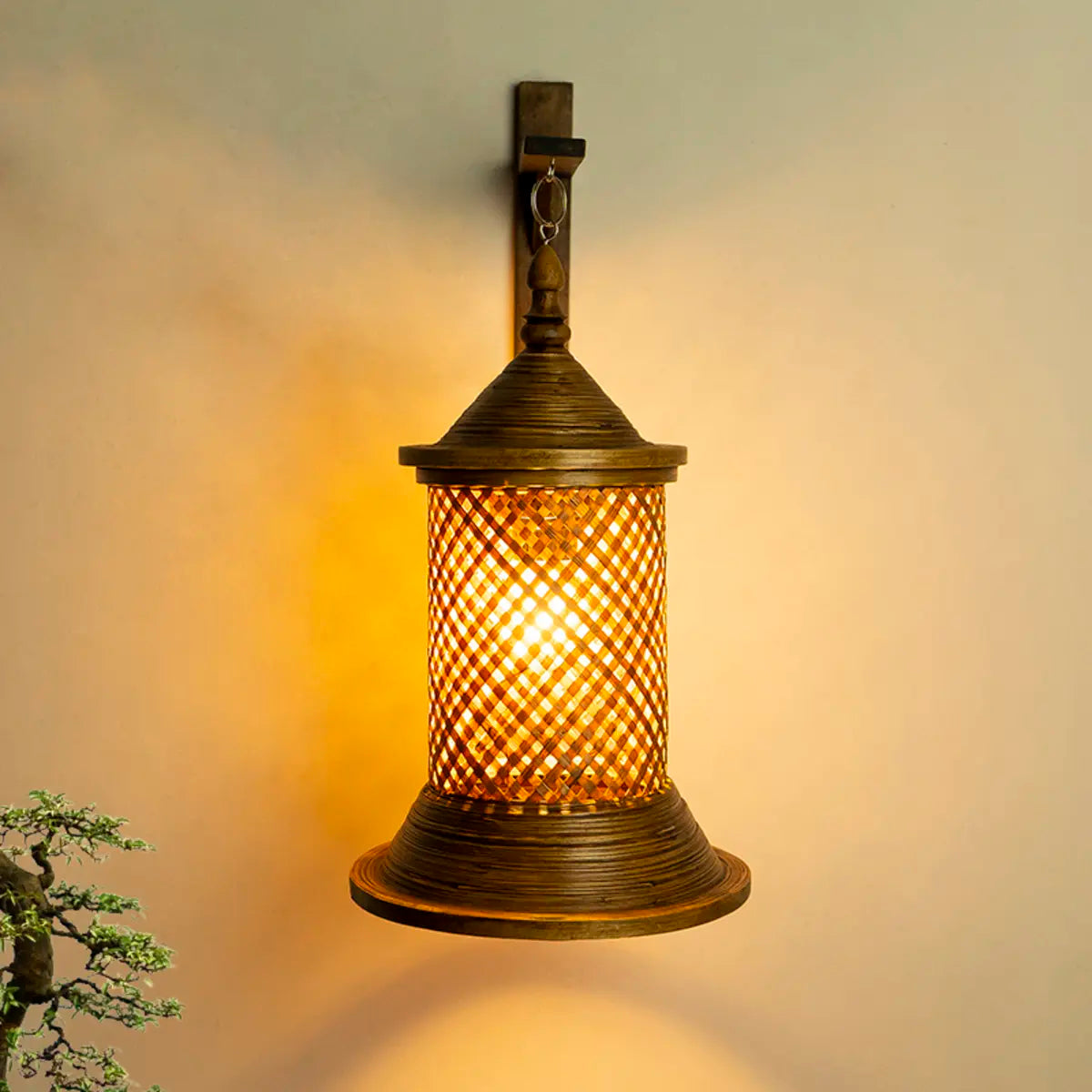 Coastal Lantern Rattan Wood Walnut Hallway Wall Sconce Image - 2