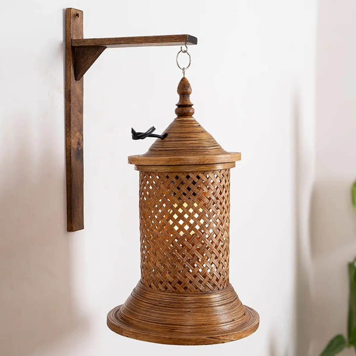 Coastal Lantern Rattan Wood Walnut Hallway Wall Sconce Image - 3