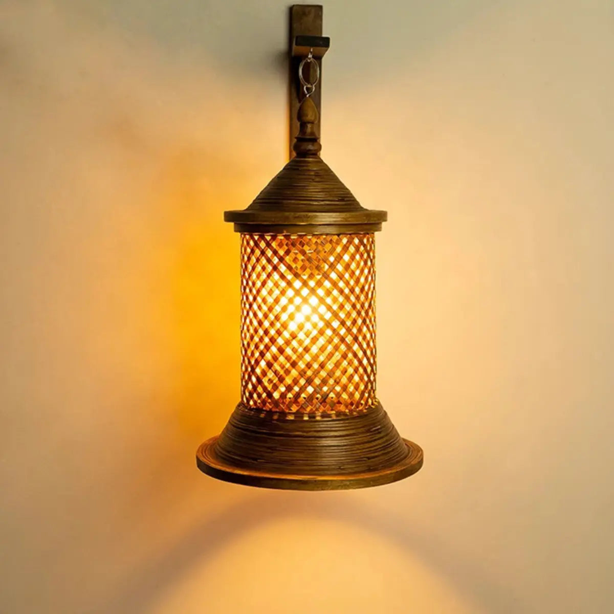 Coastal Lantern Rattan Wood Walnut Hallway Wall Sconce Image - 4