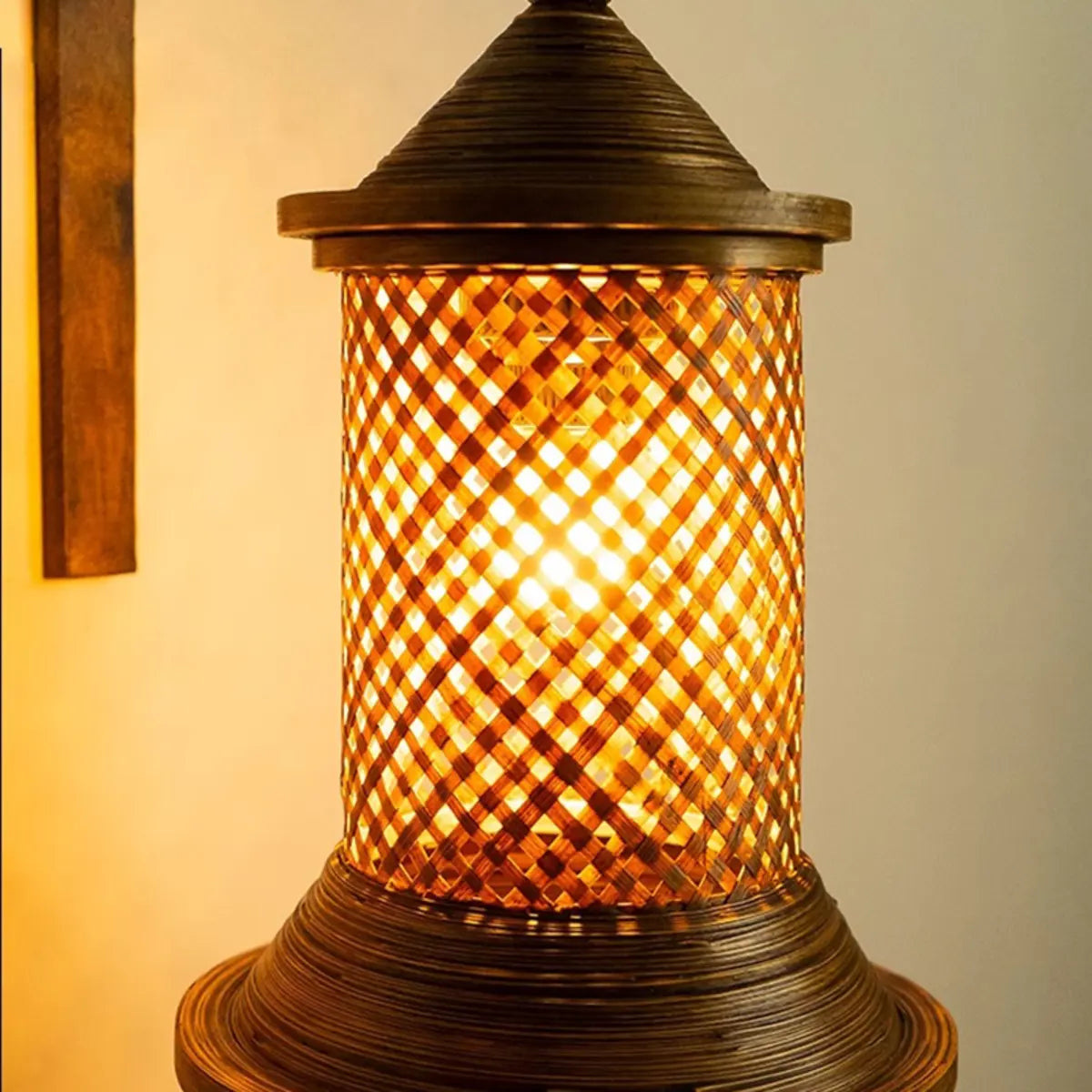 Coastal Lantern Rattan Wood Walnut Hallway Wall Sconce Image - 8