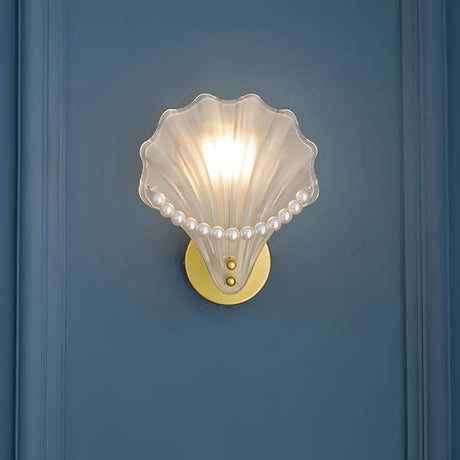 Coastal Shell Pearl Frosted Glass Gold Wall Sconce Image - 1