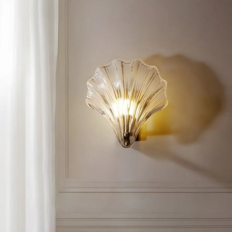 Coastal Shell Ribbed Glass Bedroom Gold Wall Sconce Image - 1