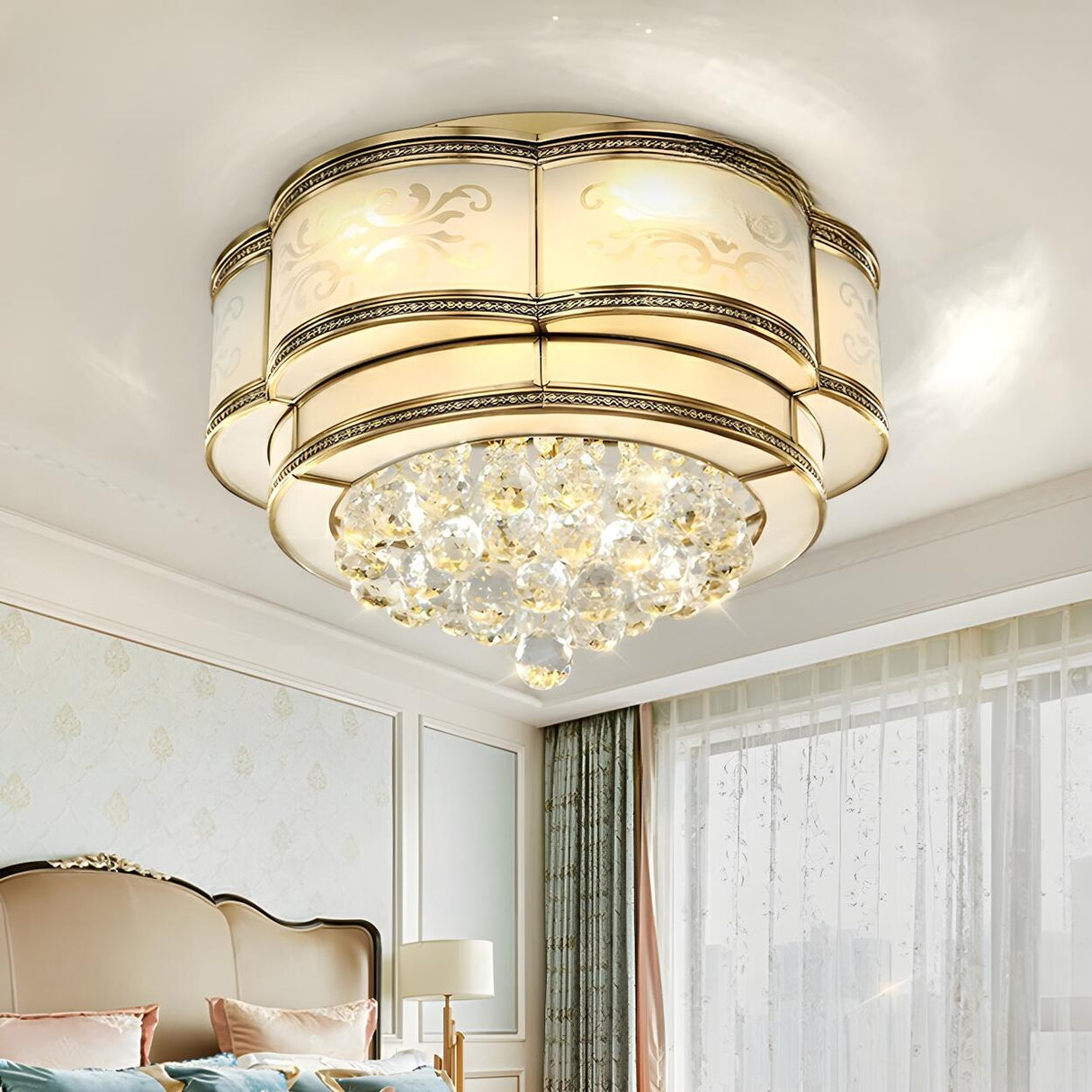 Colonial Gold Flower Crystal Flush Mount Ceiling Light Image - 1