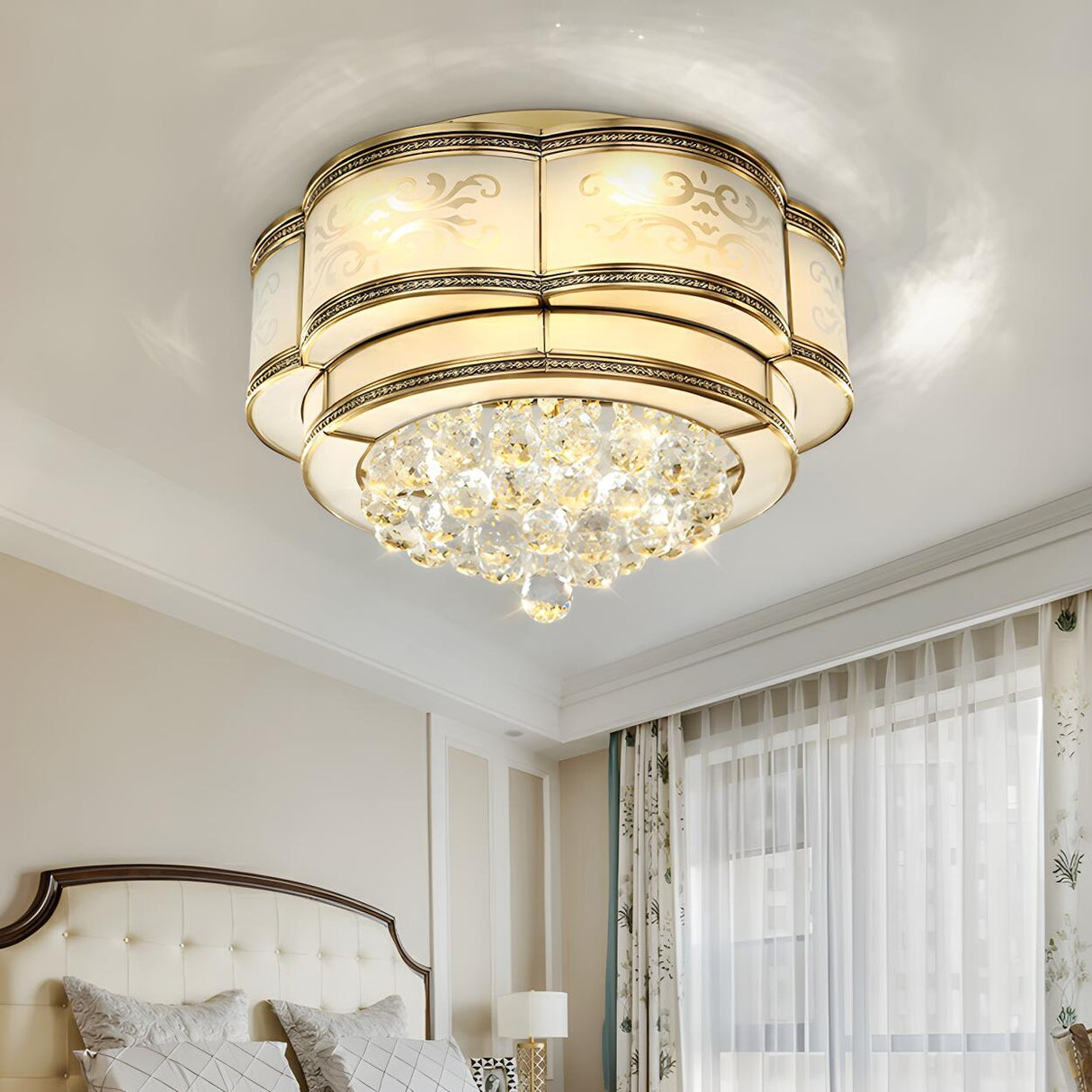 Colonial Gold Flower Crystal Flush Mount Ceiling Light Image - 4