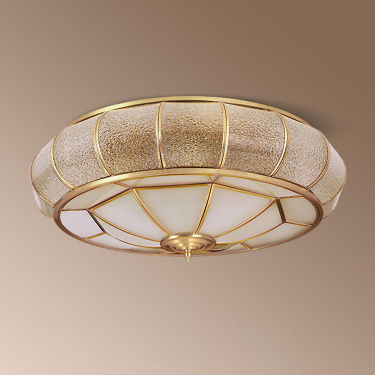 Colonial Gold Glass Drum Flush Mount Ceiling Light Image - 10