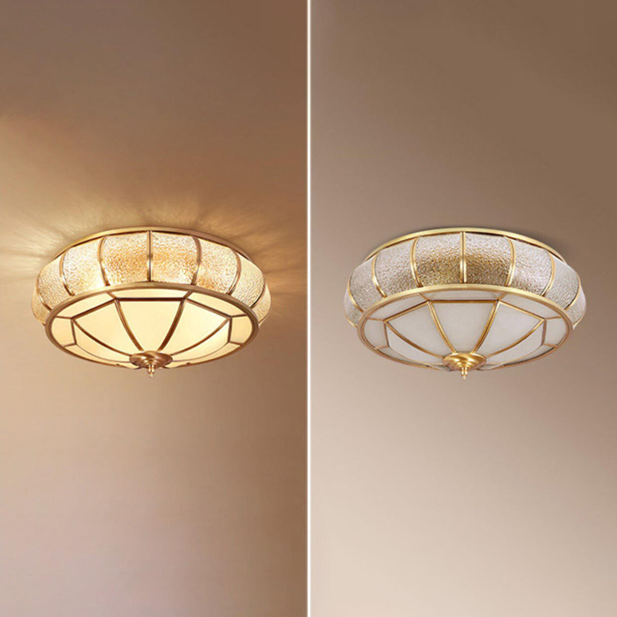 Colonial Gold Glass Drum Flush Mount Ceiling Light Image - 11