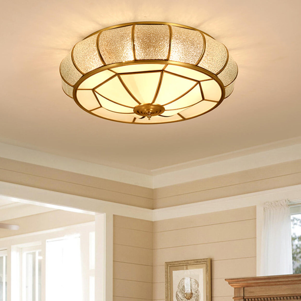 Colonial Gold Glass Drum Flush Mount Ceiling Light Image - 4