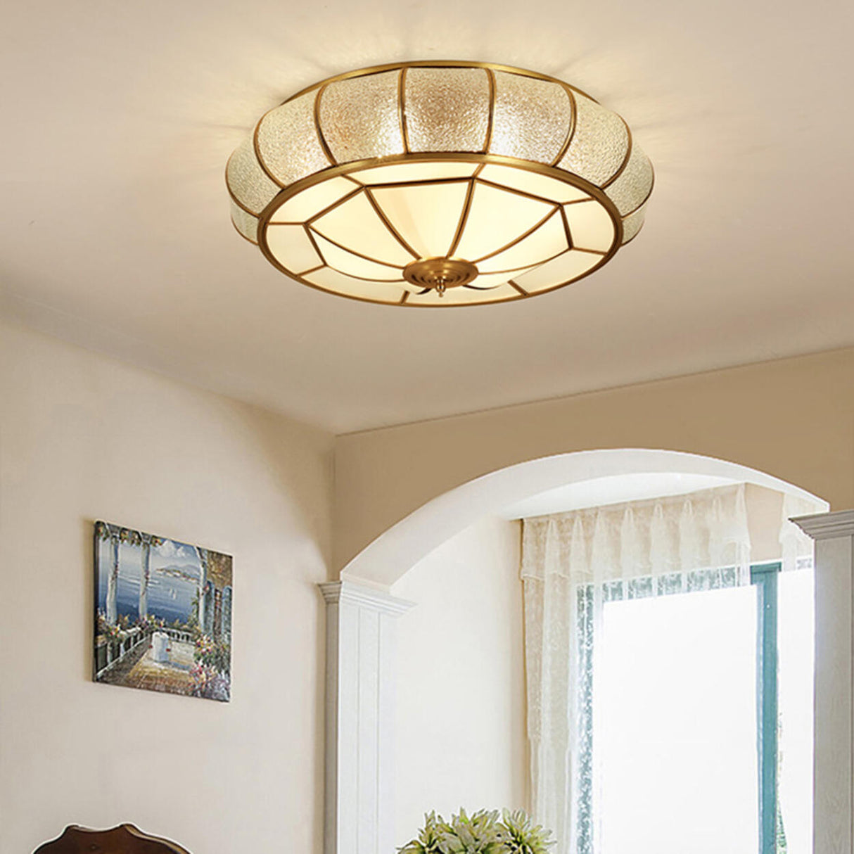 Colonial Gold Glass Drum Flush Mount Ceiling Light Image - 5