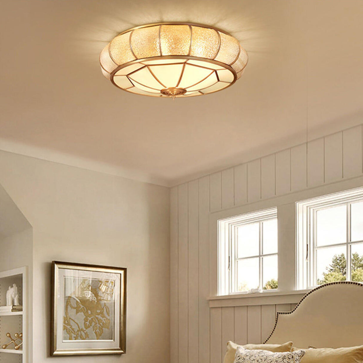 Colonial Gold Glass Drum Flush Mount Ceiling Light Image - 6