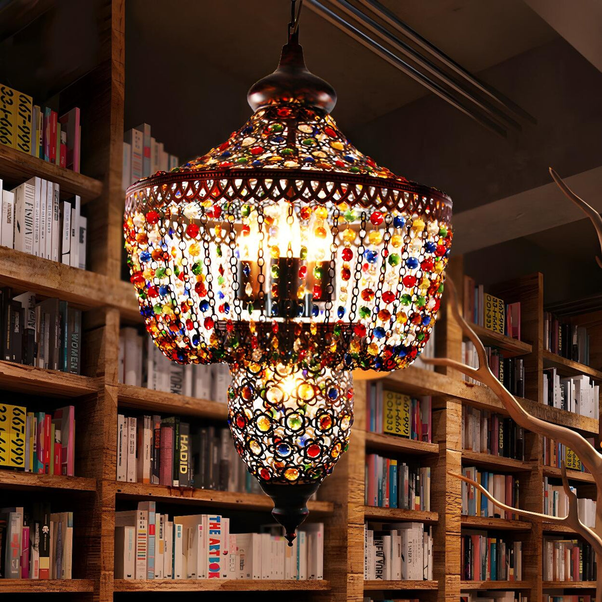 Colorful Beaded Moroccan Lantern Dining Room Chandelier Image - 2