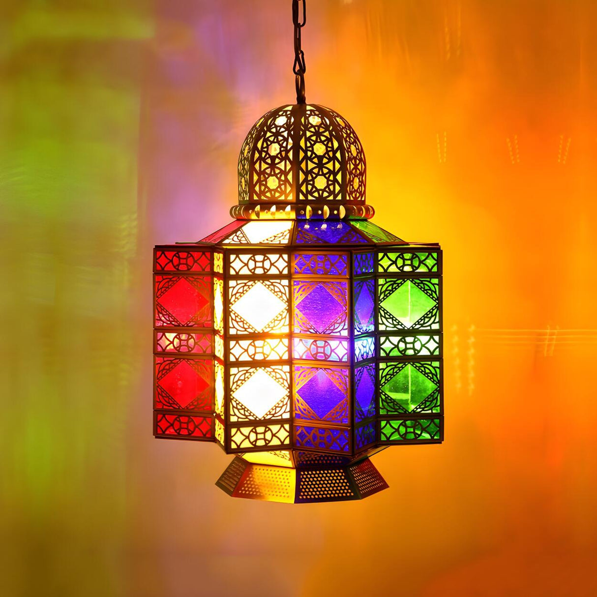 Colorful Dining Room Lantern Stained Glass Chandelier Image - 4