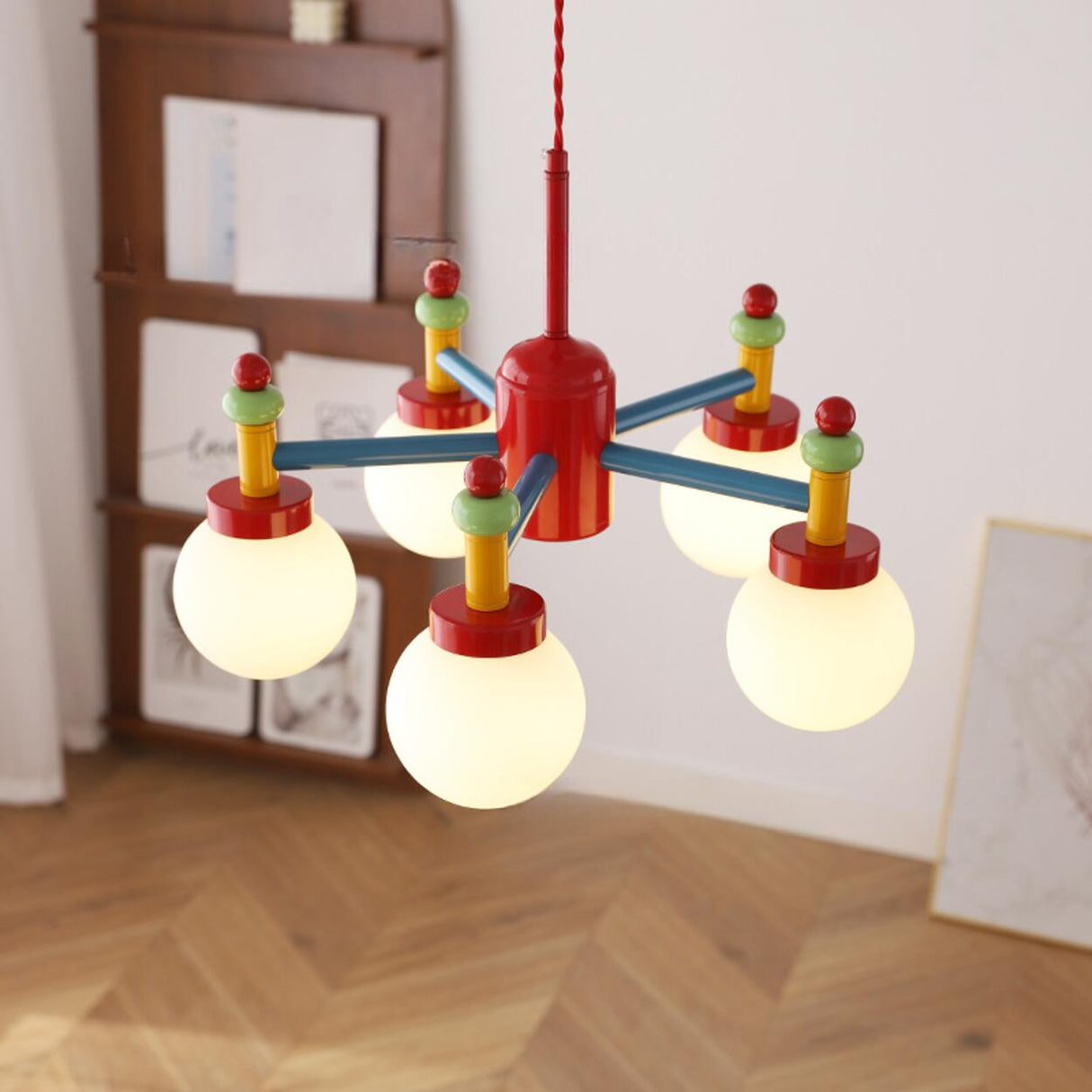 Colorful Kids Room 5 Lights White Glass Globe Chandelier Image - 4