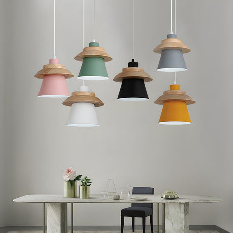 Colorful Layered Wood and Metal Dining Room Pendant Light Image - 1