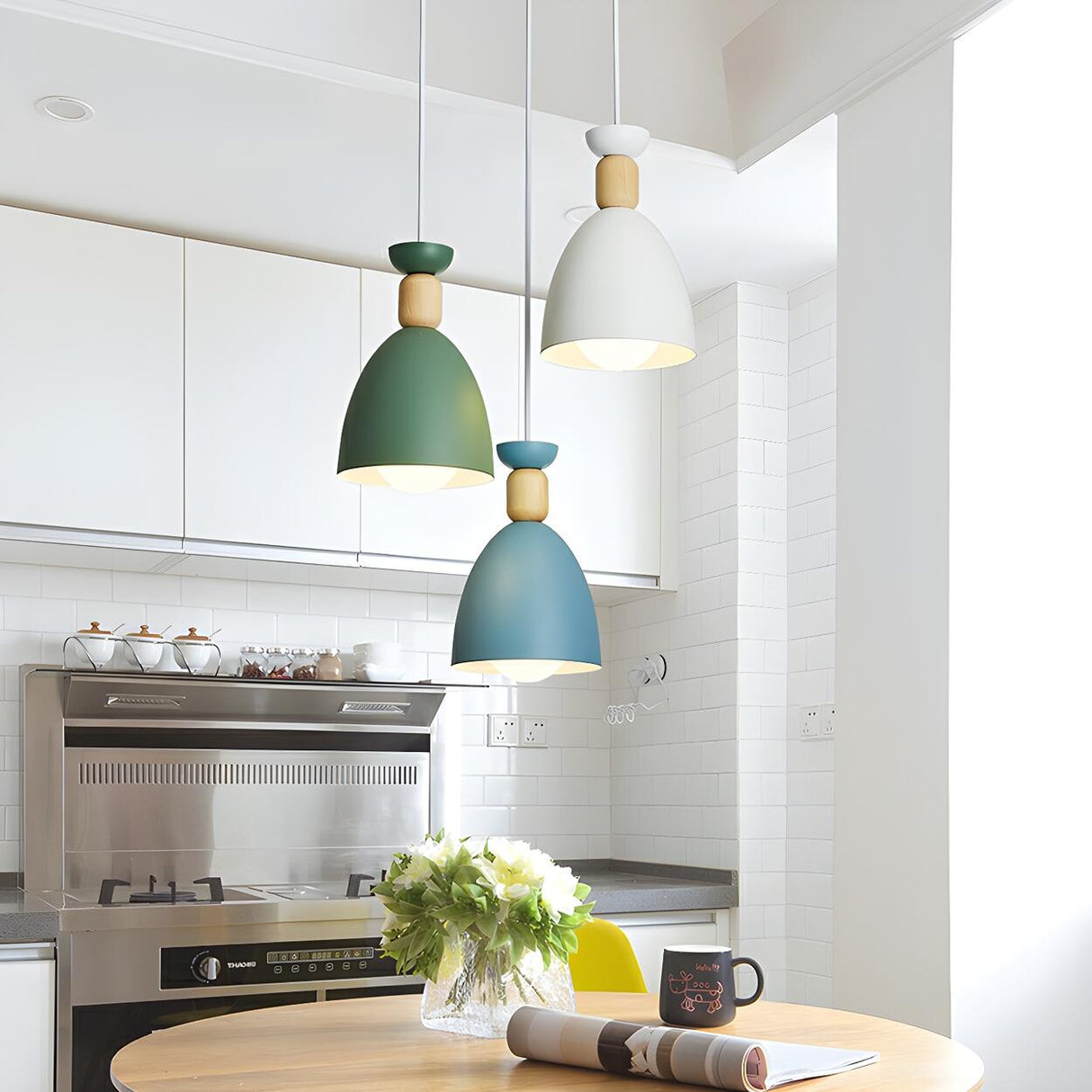 Colorful Nordic Wooden Iron Cone Pendant Light Image - 4