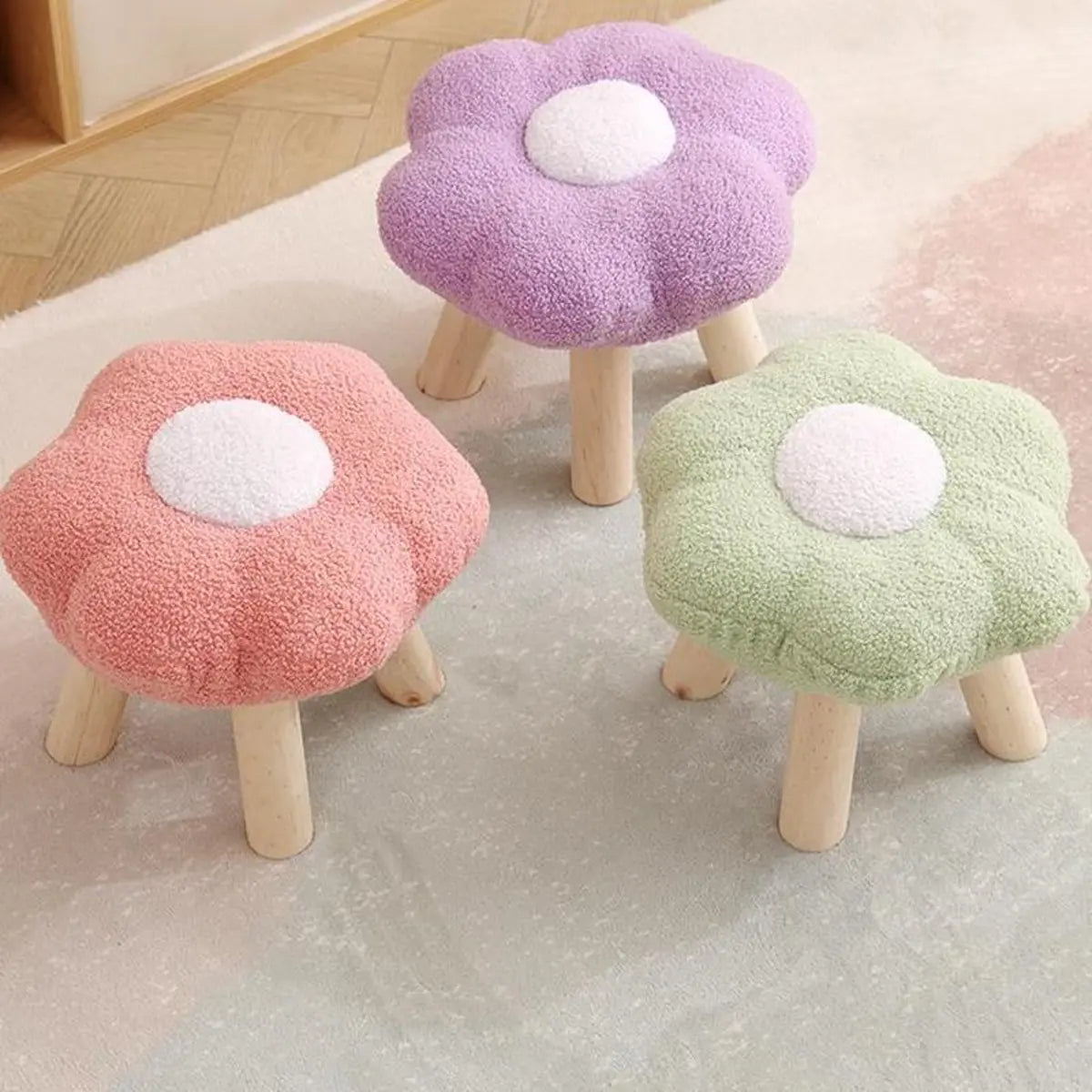 Colorful Patchwork Flower Sherpa Mini Wood Ottoman Image - 1