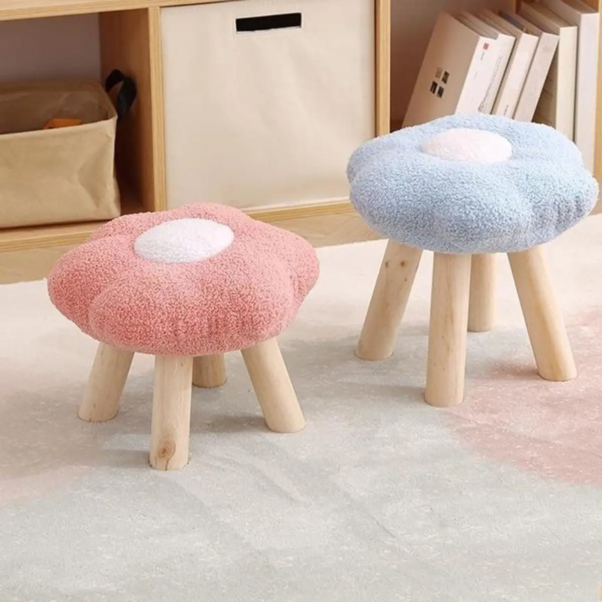 Colorful Patchwork Flower Sherpa Mini Wood Ottoman Image - 18