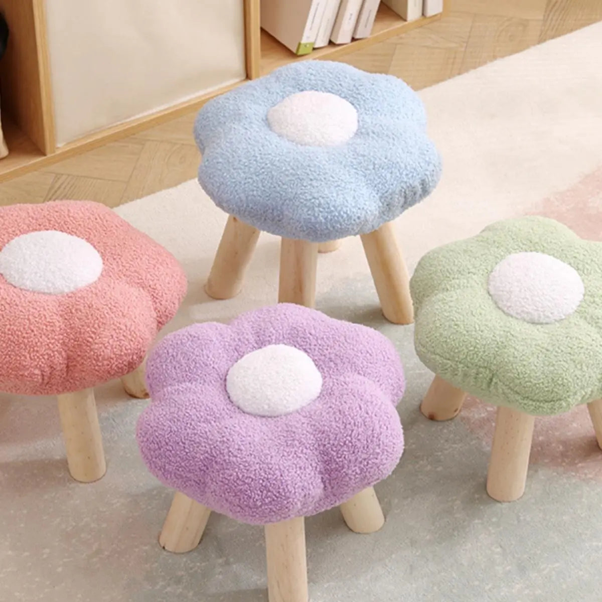 Colorful Patchwork Flower Sherpa Mini Wood Ottoman Image - 2