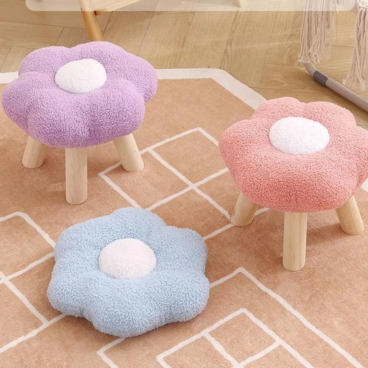 Colorful Patchwork Flower Sherpa Mini Wood Ottoman Image - 3